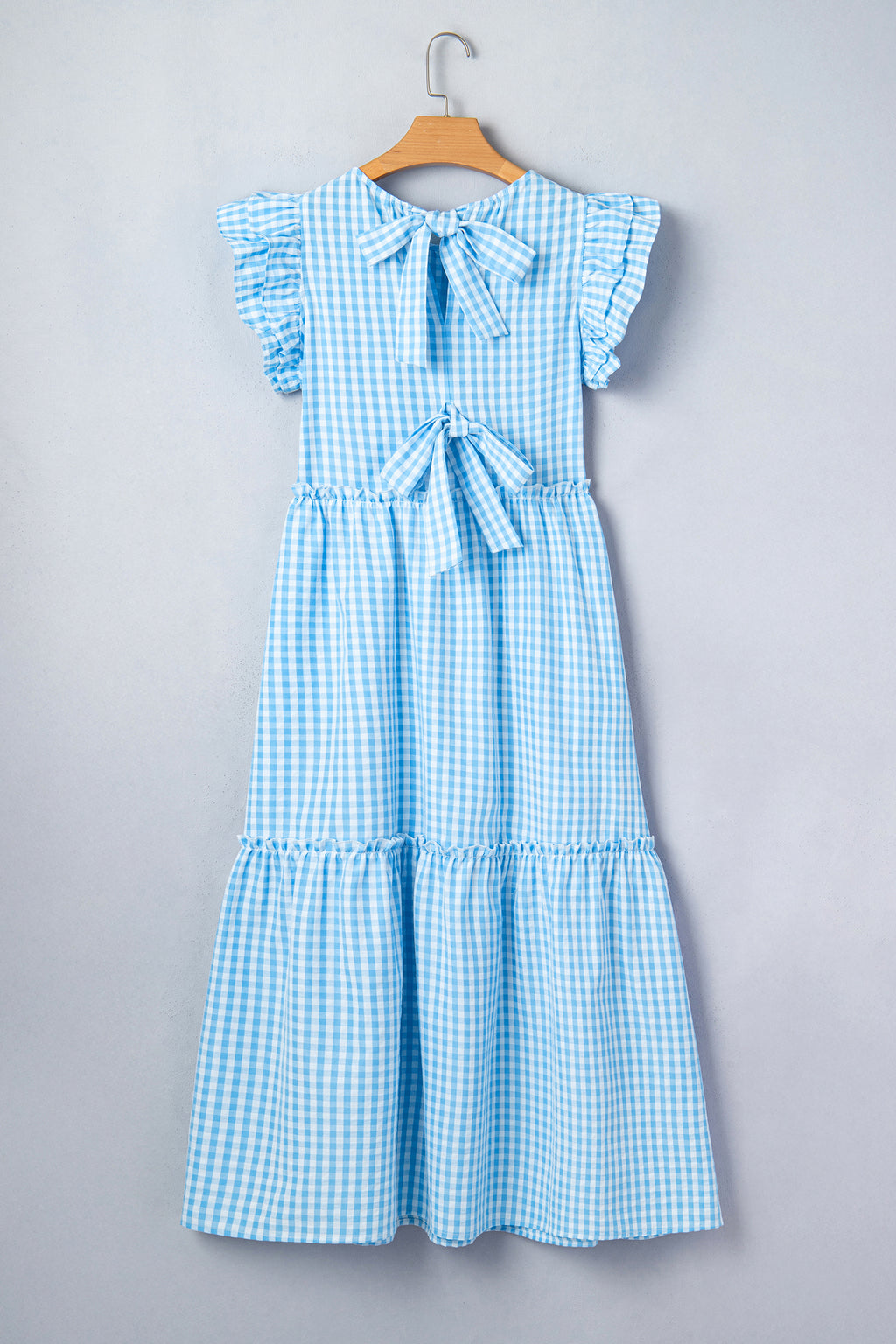 Sky Blue Knot Back Gingham Maxi Dress
