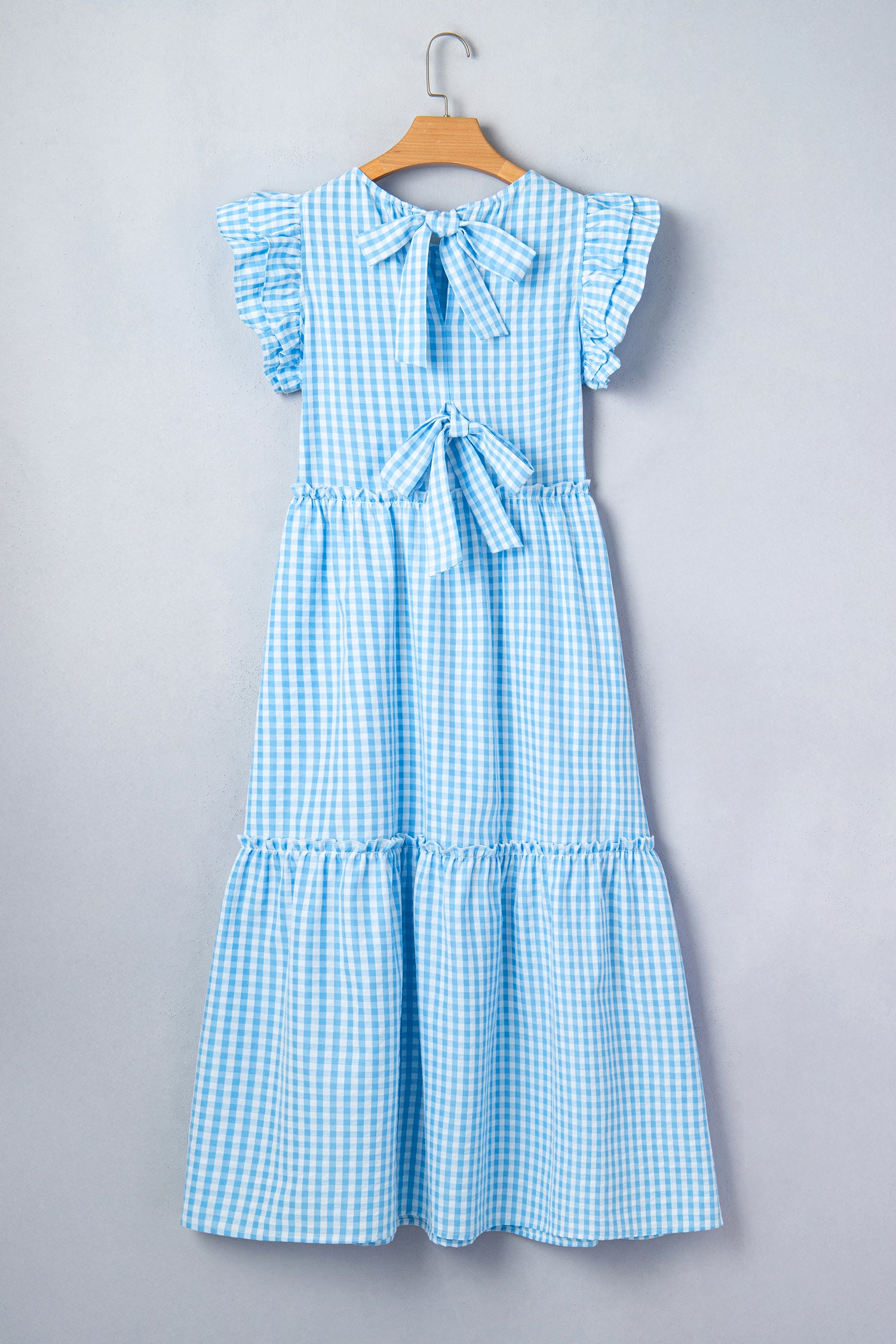 Sky Blue Knot Back Gingham Maxi Dress