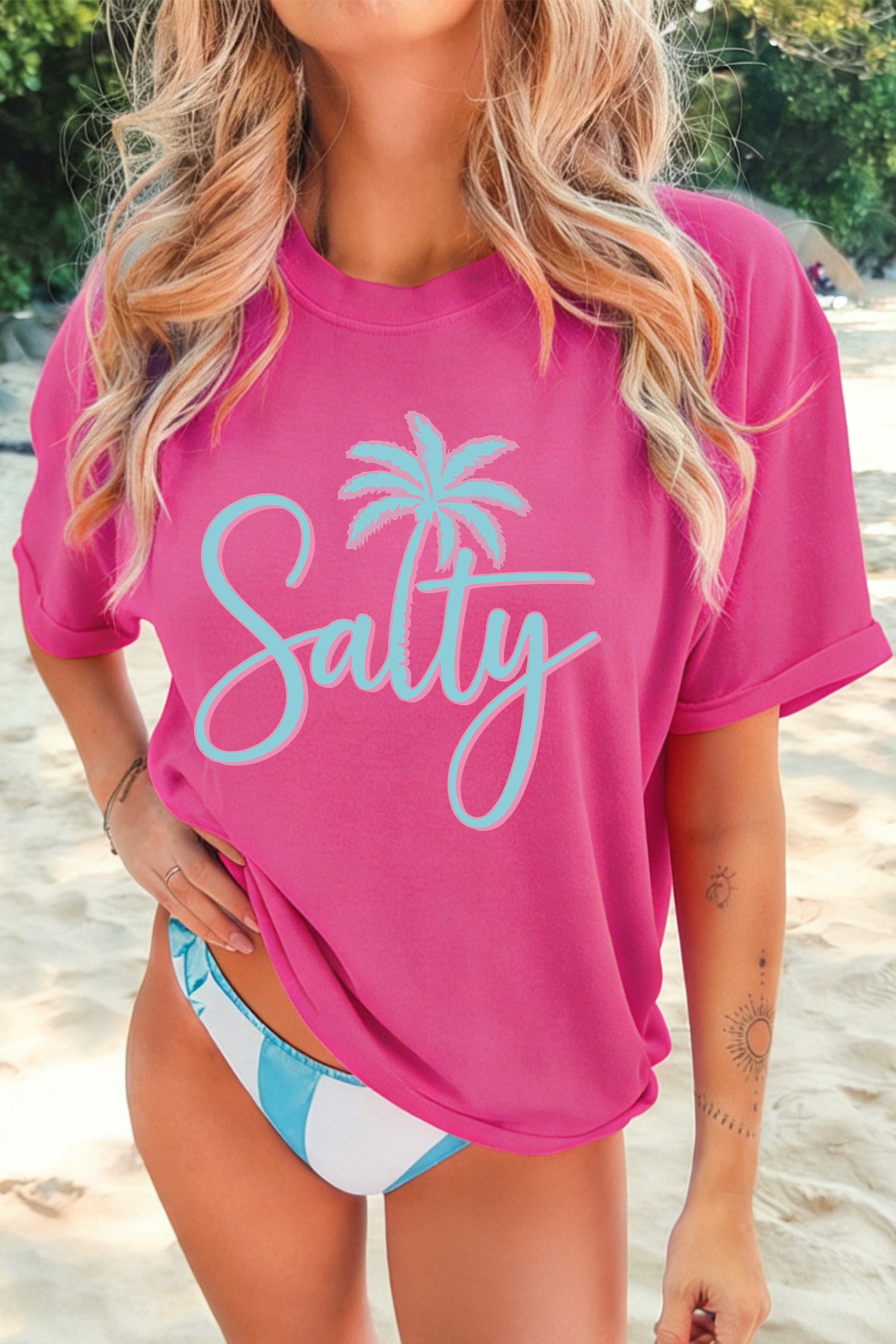 Rose Red Salty Palm Tree Printed Beach Vacation Casual T Shirt