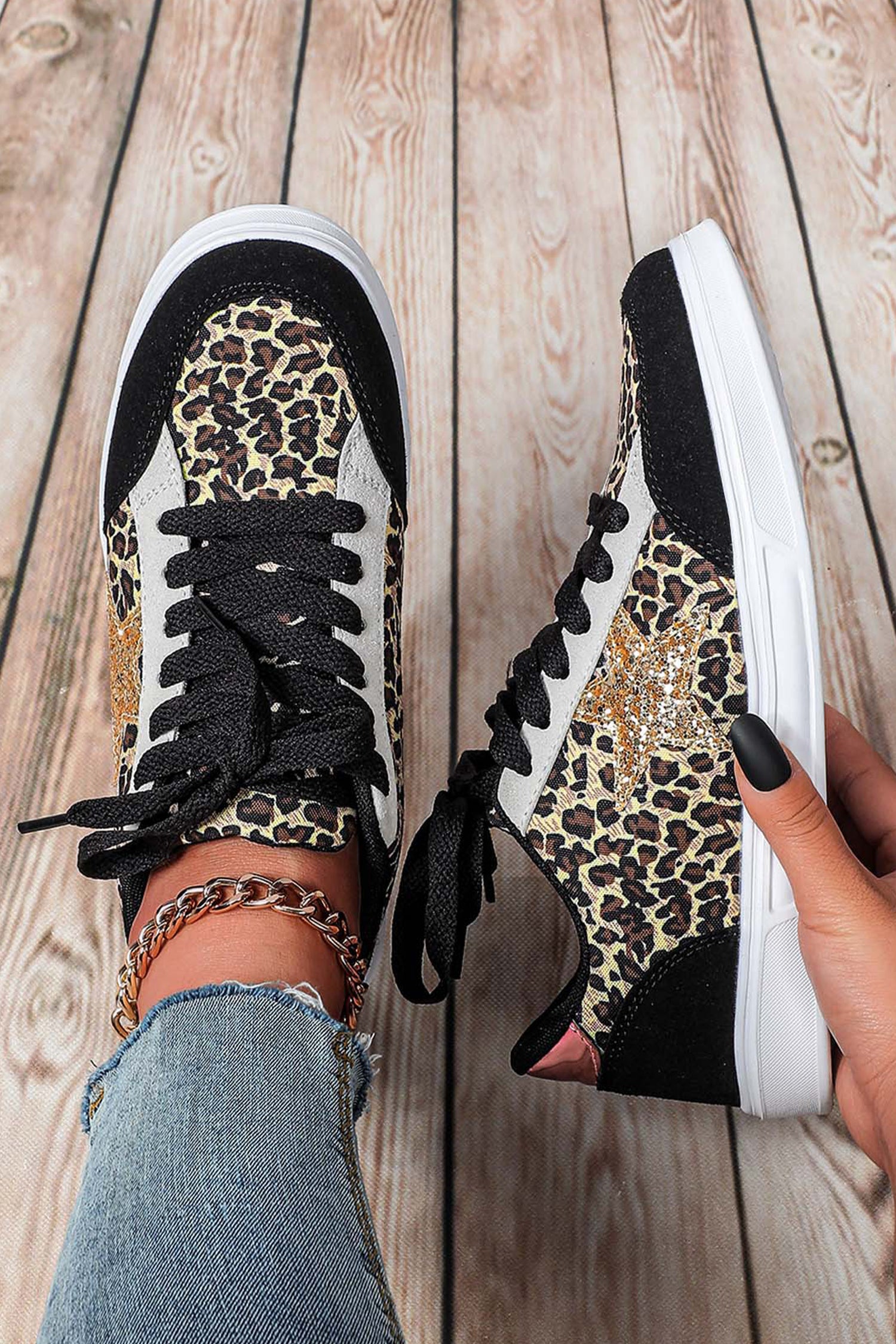 Black Glitter Star Patchwork Lace-up Flat Shoes