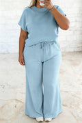 Mist Blue Short Sleeve Top Drawstring Loose Pants 2pcs Outfit