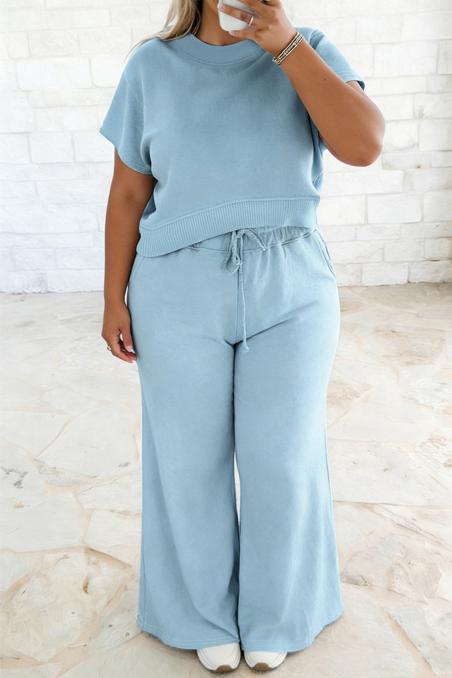 Mist Blue Short Sleeve Top Drawstring Loose Pants 2pcs Outfit