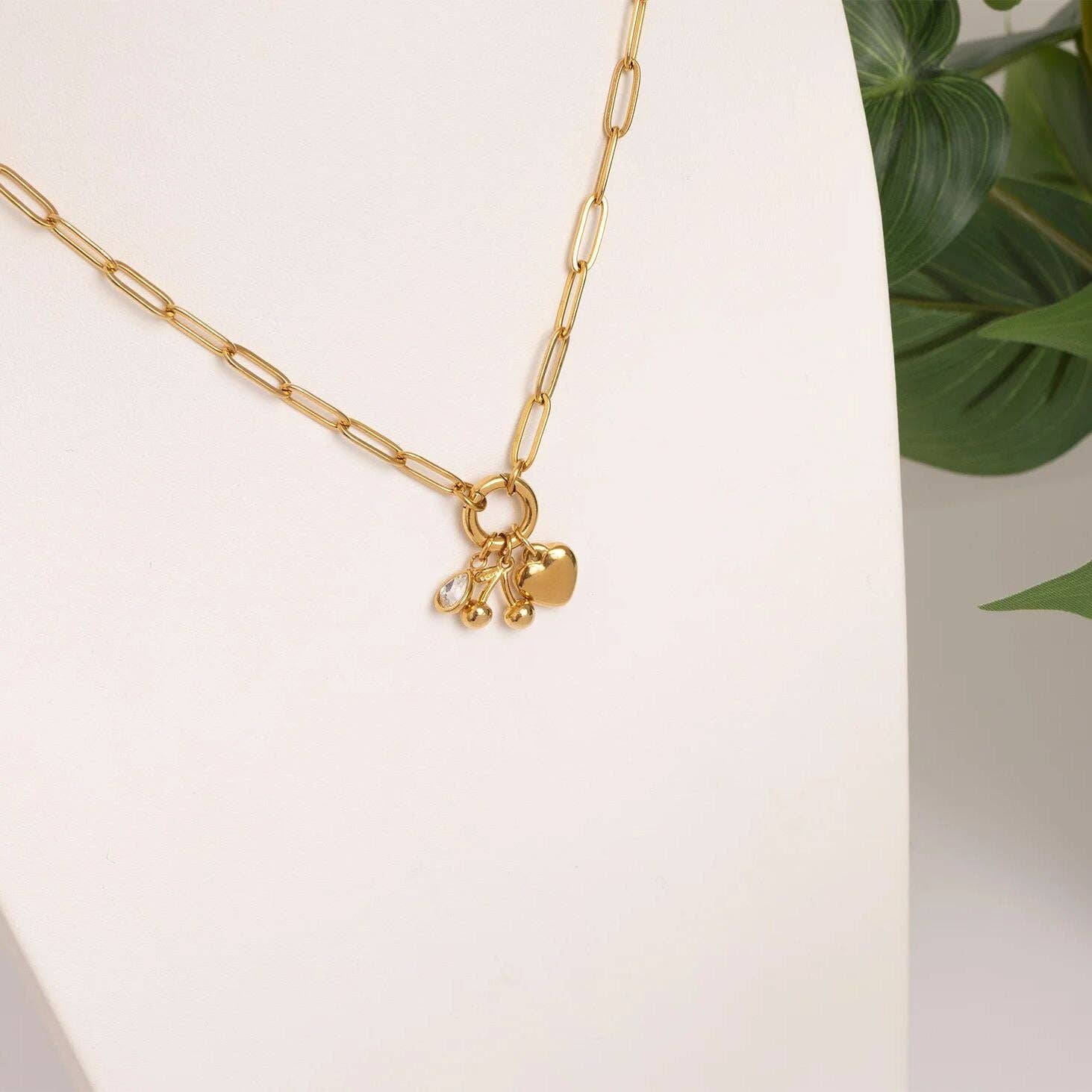 18K Gold Cherry Love Charm Holder Necklace Gift Set: Gold