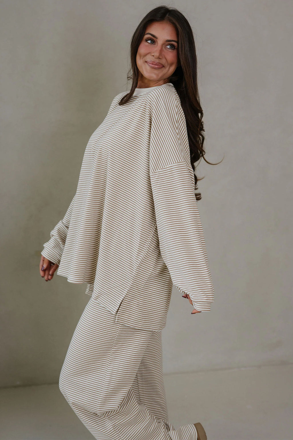 Pink Striped Drop Shoulder Long Sleeve Top and Pant Set