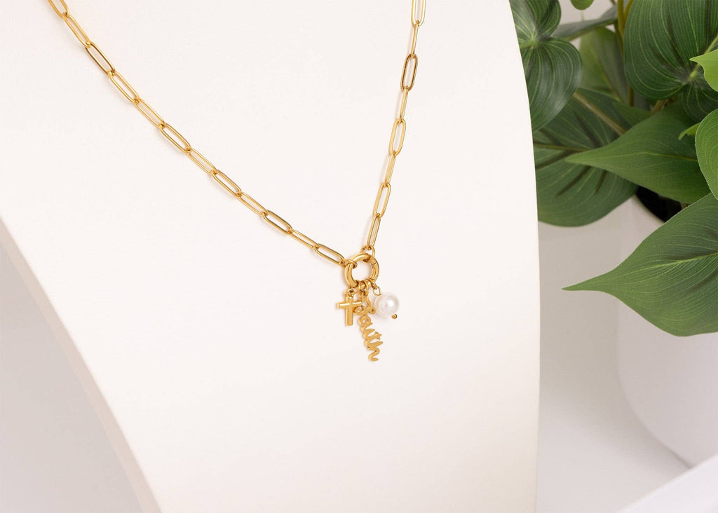 Gold Stainless Steel Faith Charm Holder Necklace Gift Set: Gold