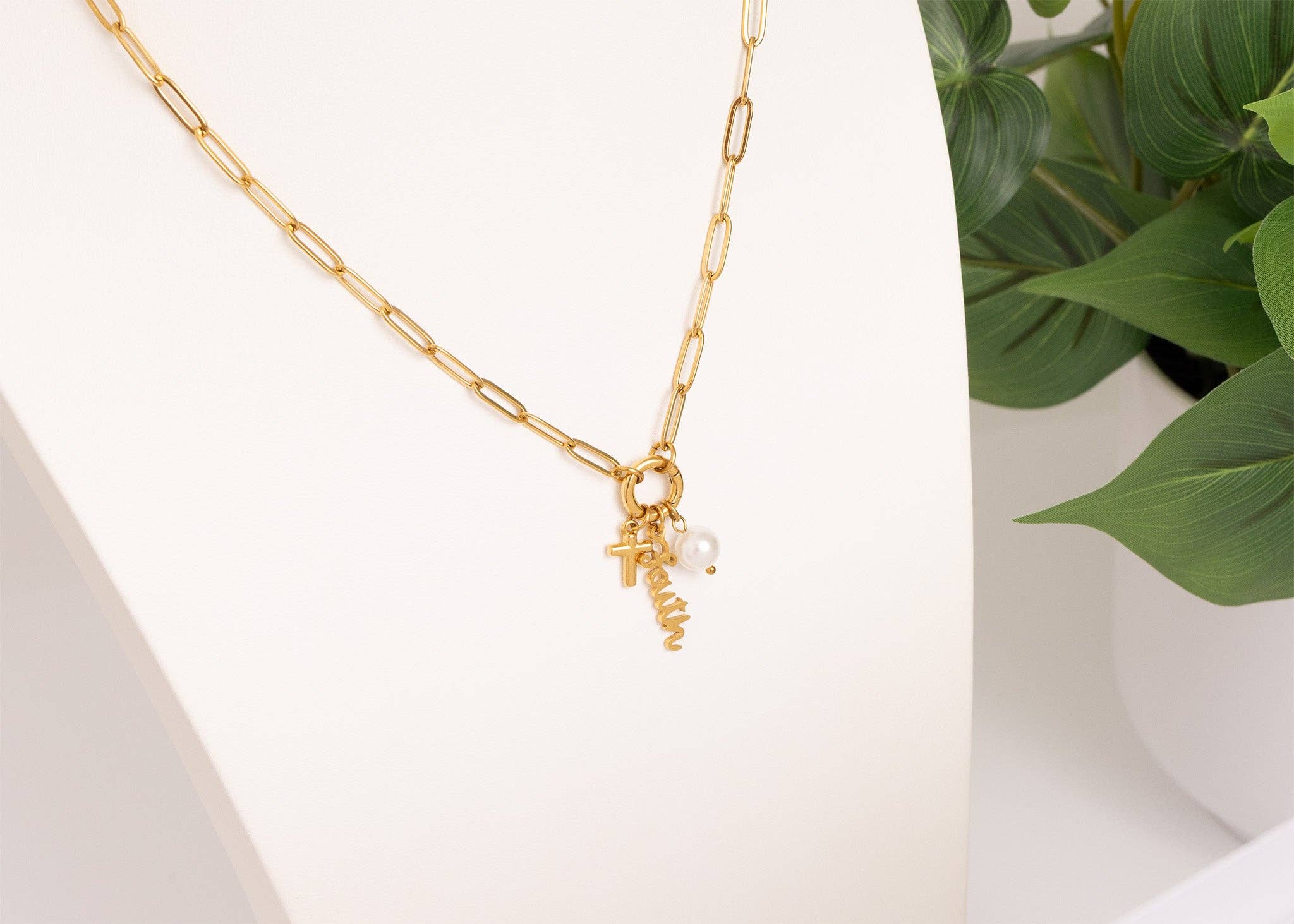 Gold Stainless Steel Faith Charm Holder Necklace Gift Set: Gold