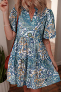 Blue Bohemian Paisley Floral Puff Sleeve Mini Dress