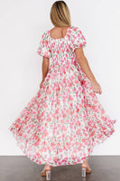 Pink Plus Size Floral Square Neck Puff Sleeve Ruffle Maxi Dress: Pink / 3X
