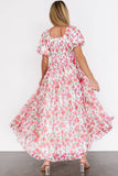 Pink Plus Size Floral Square Neck Puff Sleeve Ruffle Maxi Dress: Pink / 3X