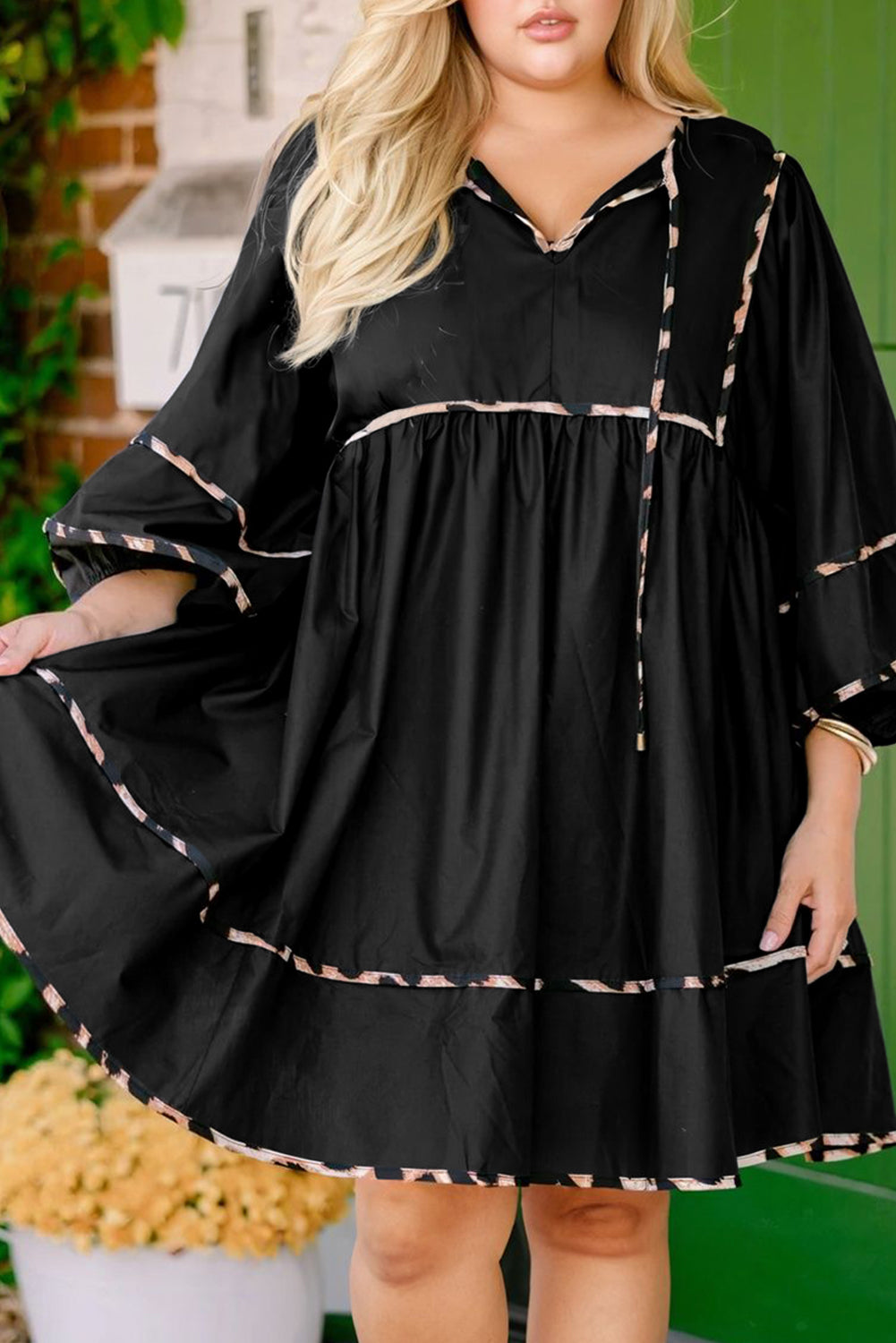 Black Plus Size Long Sleeve Leopard Flared Mini Dress
