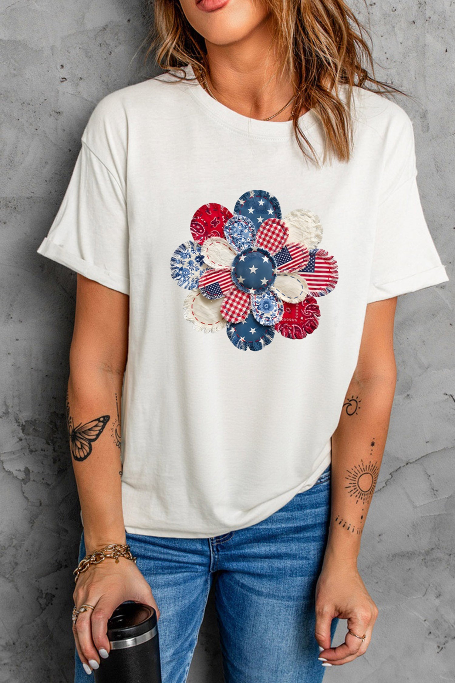 White Patchwork Patriotic Flower Printed T Shirt