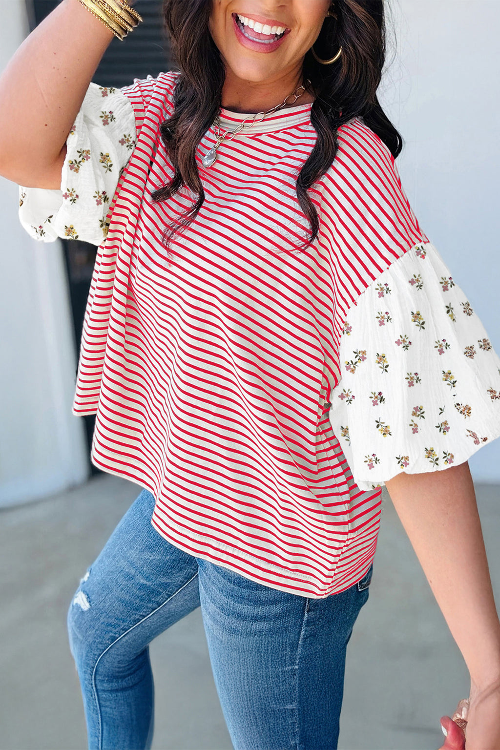 Red Stripe Floral Puff Sleeve Top