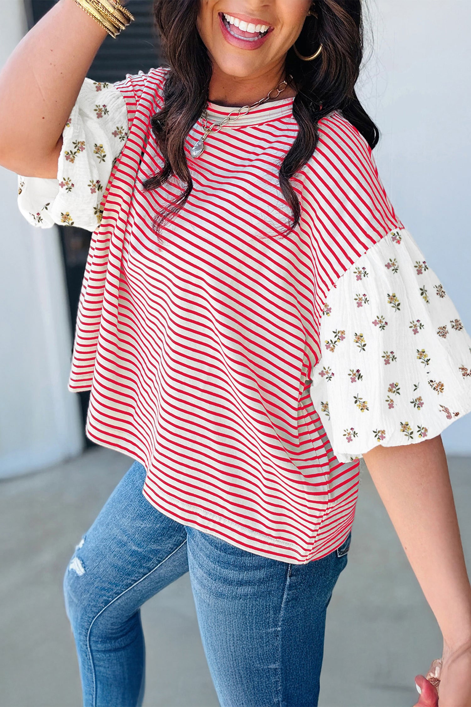 Red Stripe Floral Puff Sleeve Top
