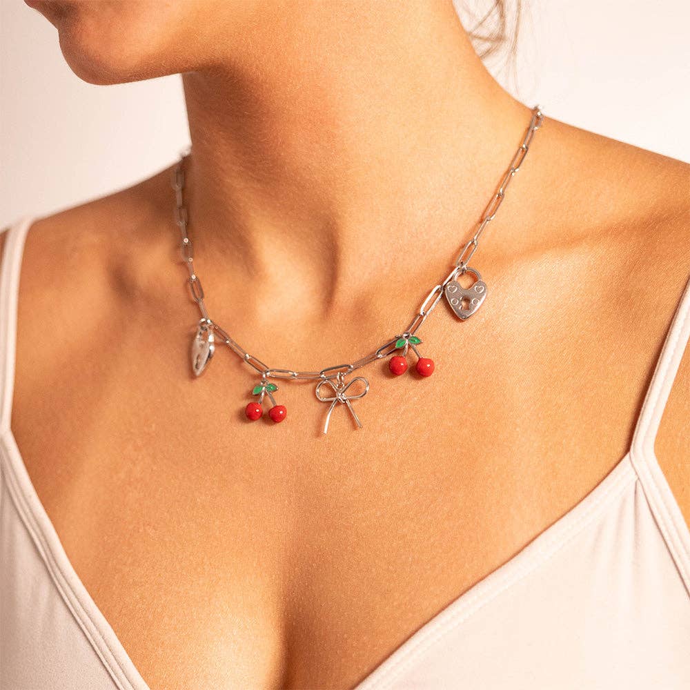 18K Gold PVD Stainless Steel Red Cherry Fruit Charm: Gold