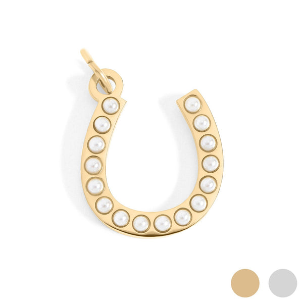 18K Gold PVD Stainless Steel Pearl Beaded Horseshoe Charm: Gold / 15mm