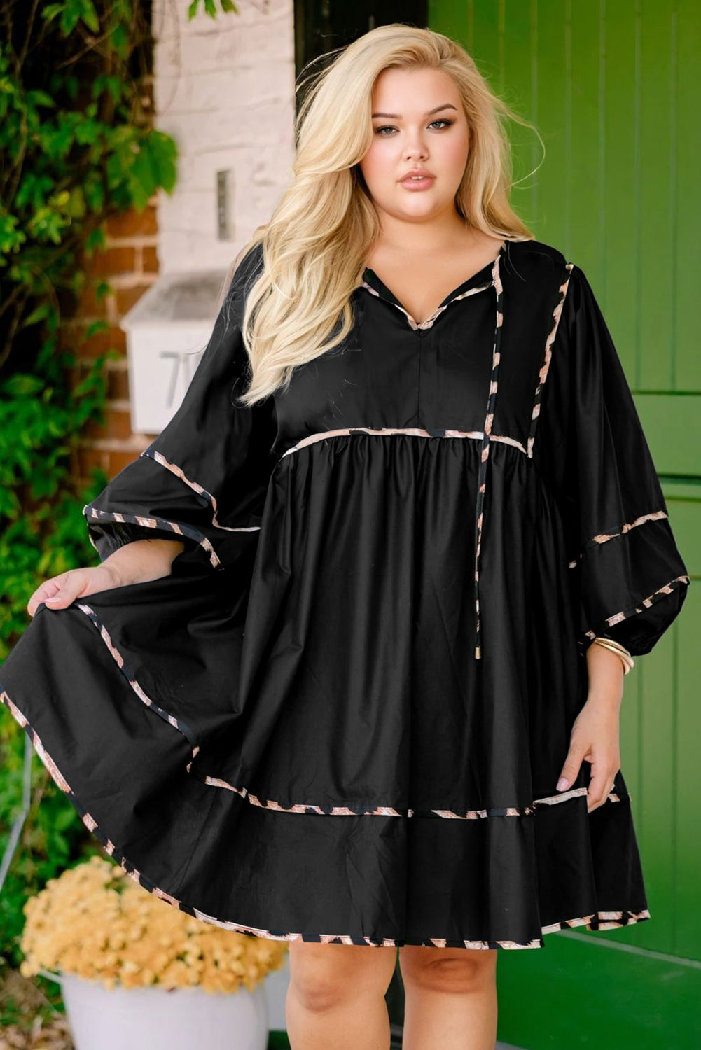 Black Plus Size Long Sleeve Leopard Flared Mini Dress