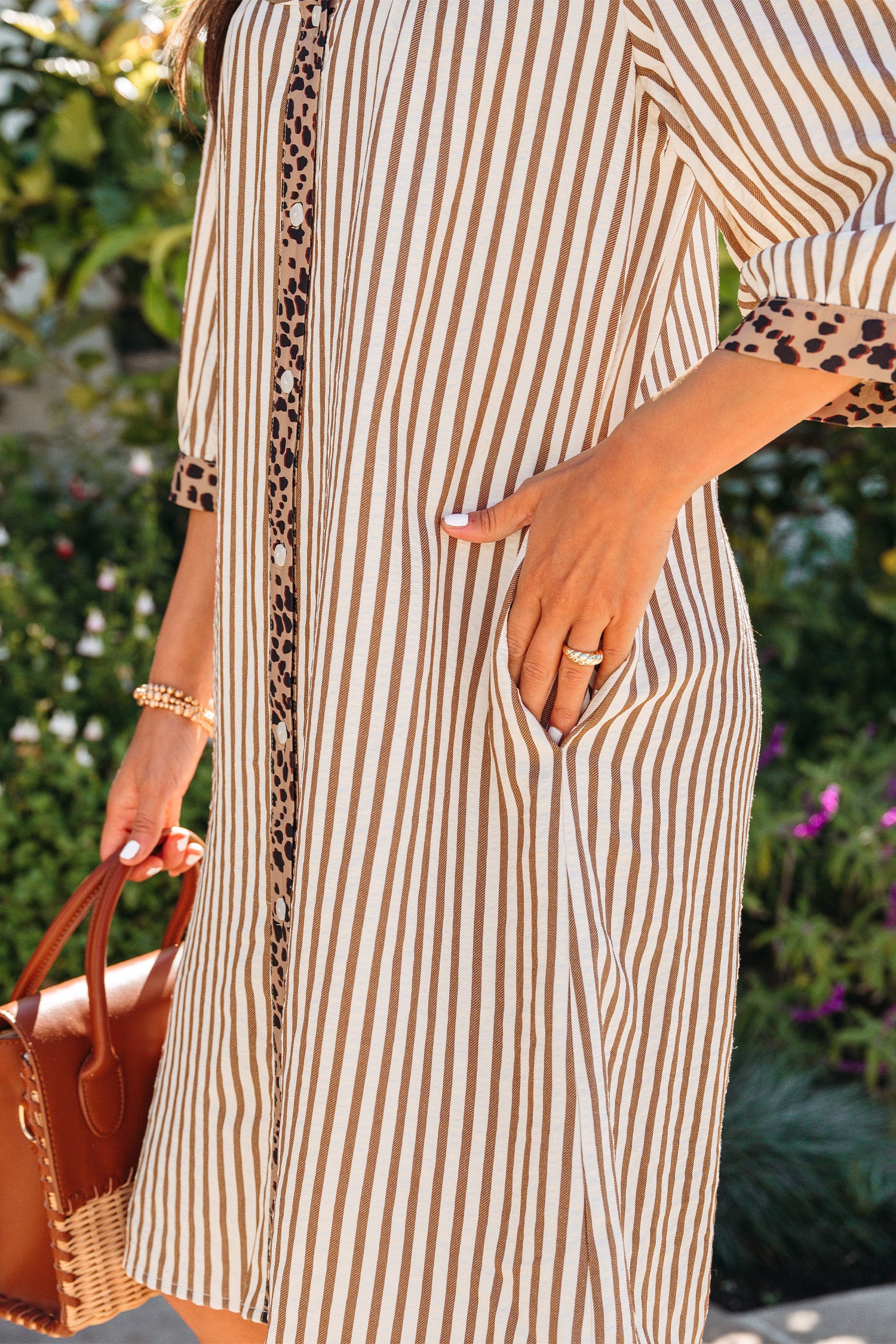 Khaki Stripe Leopard Trim Dress