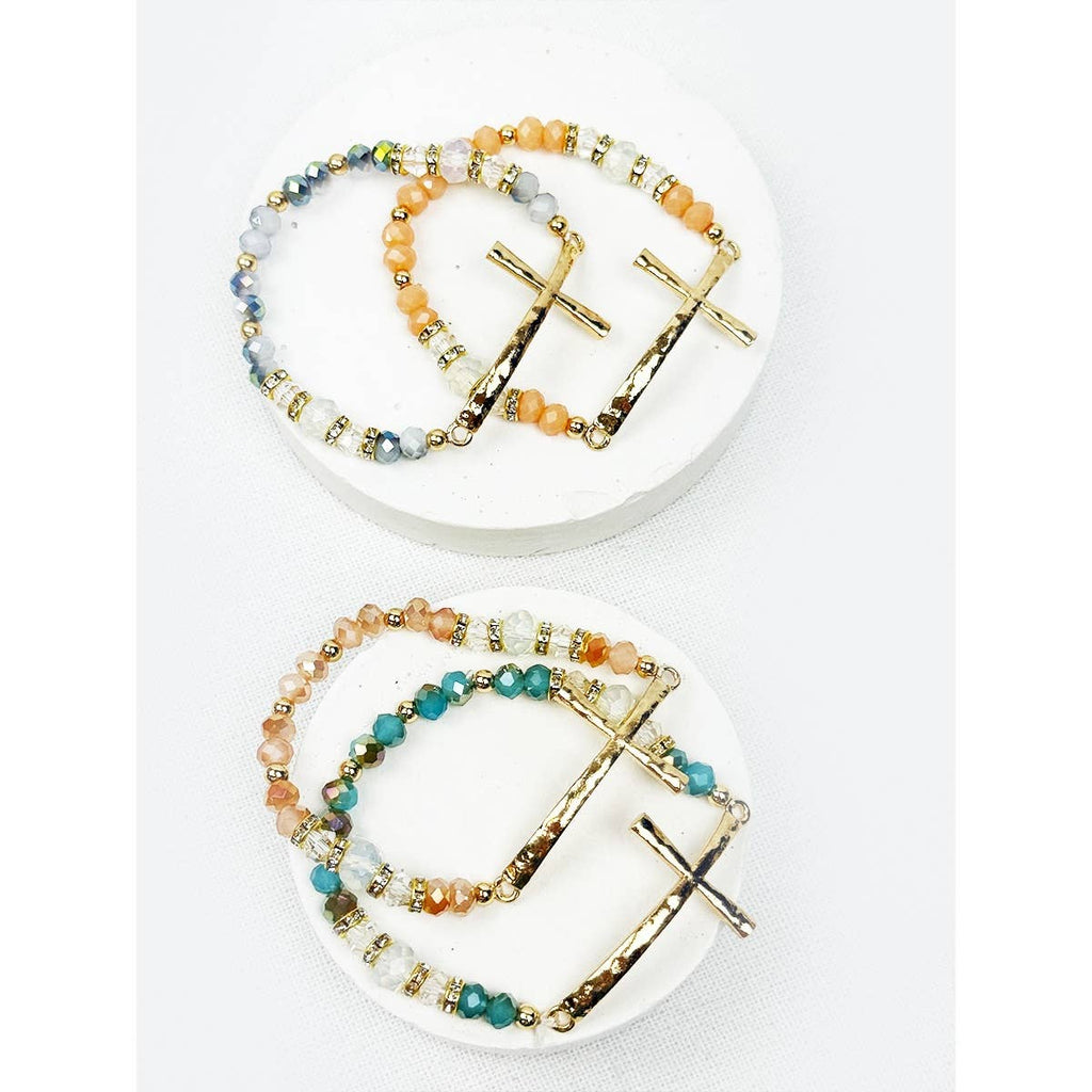 Hammered Cross Bead Stretch Bracelet: MIX COLOR / ONE(12)