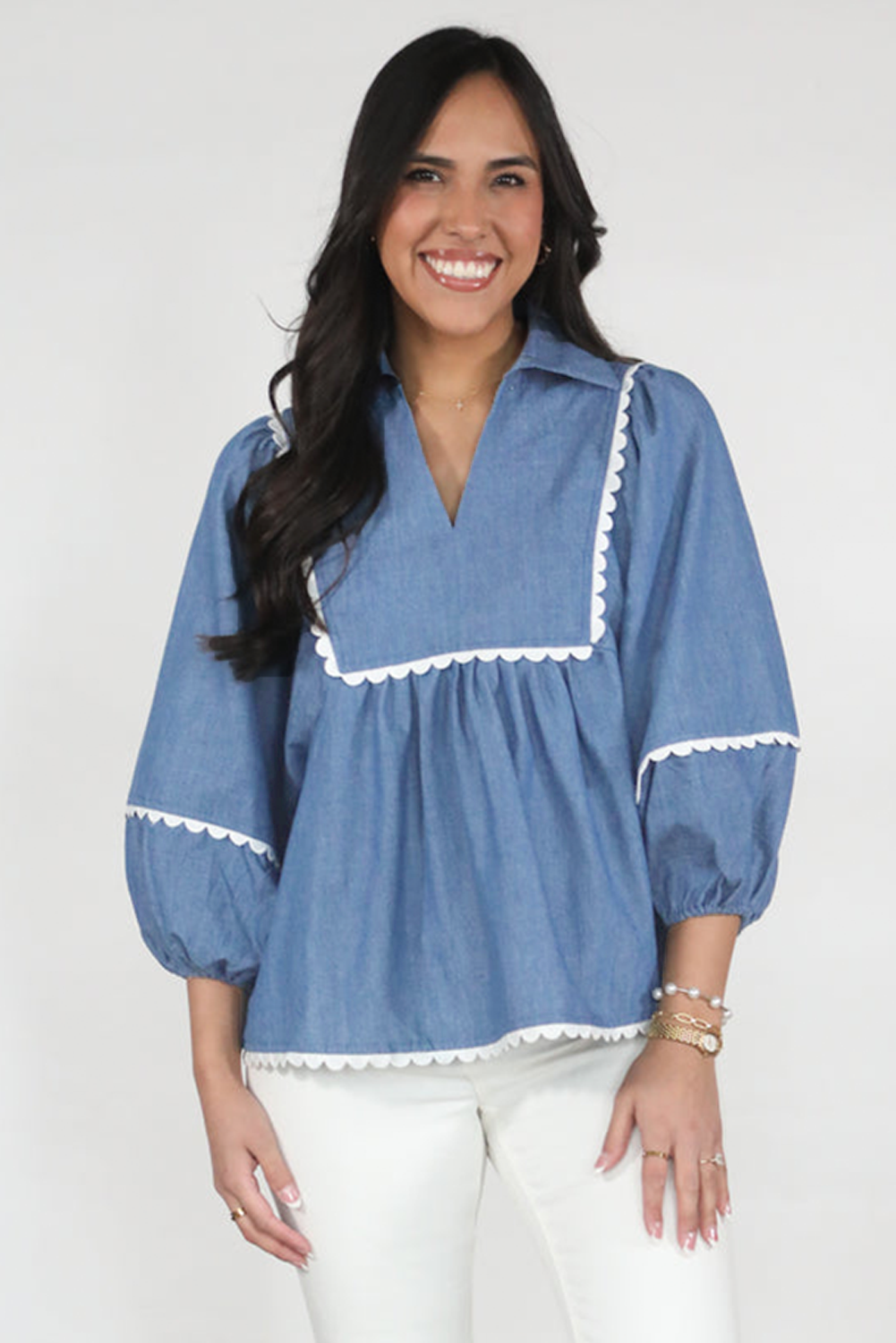 Dusk Blue Scallop Babydoll Blouse