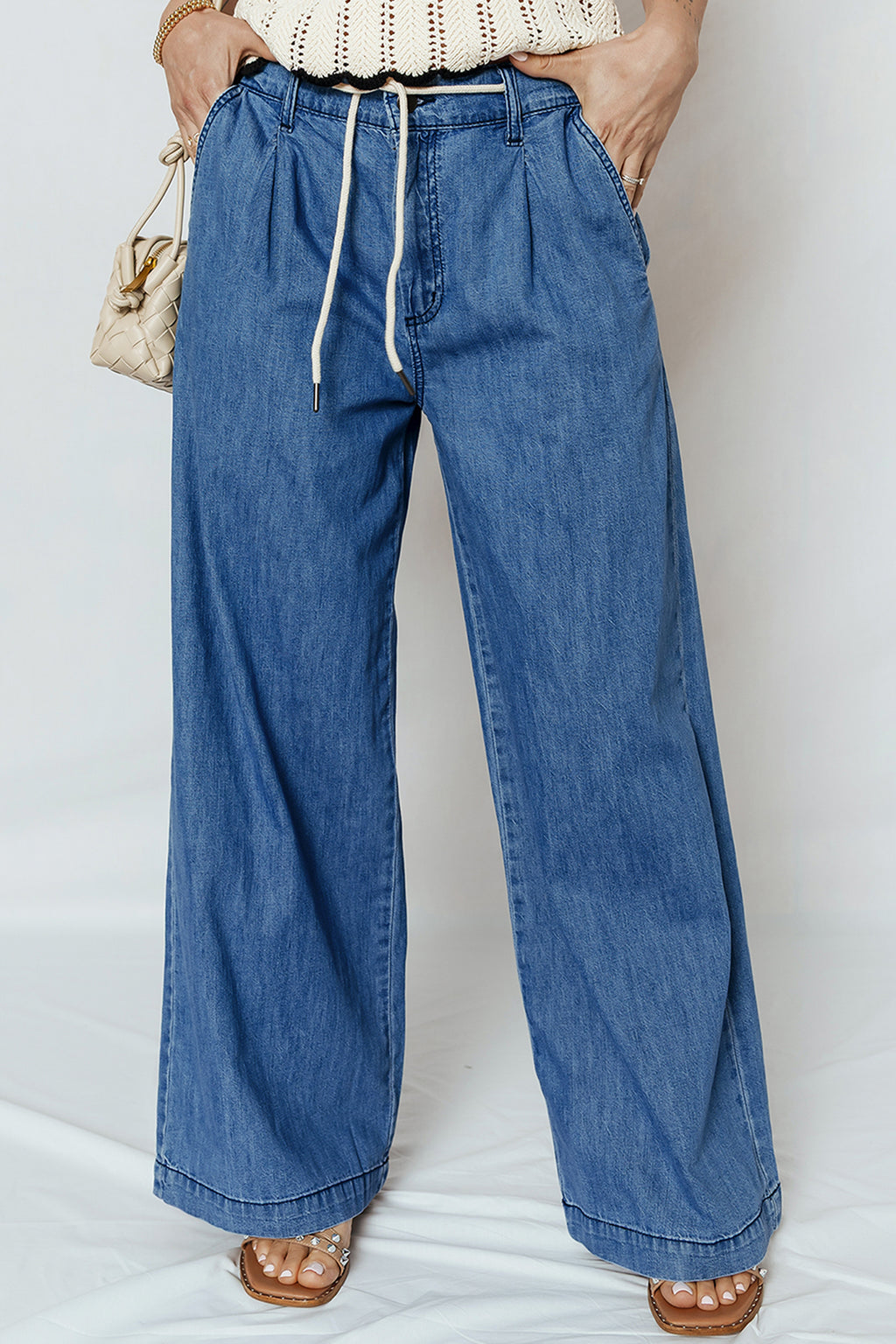 Dusk Blue Lace-up Wide Leg Jeans
