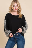 ETK-8180 Animal Print Solid Jersey Casual Top: Black/Ivory / Large