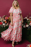 Pink Plus Size Floral Square Neck Puff Sleeve Ruffle Maxi Dress: Pink / 3X