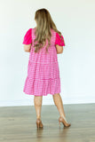 Pink Gingham Button-Up Dress: Pink / M
