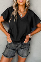 Black Crinkled V Neck Wide Sleeve T-shirt