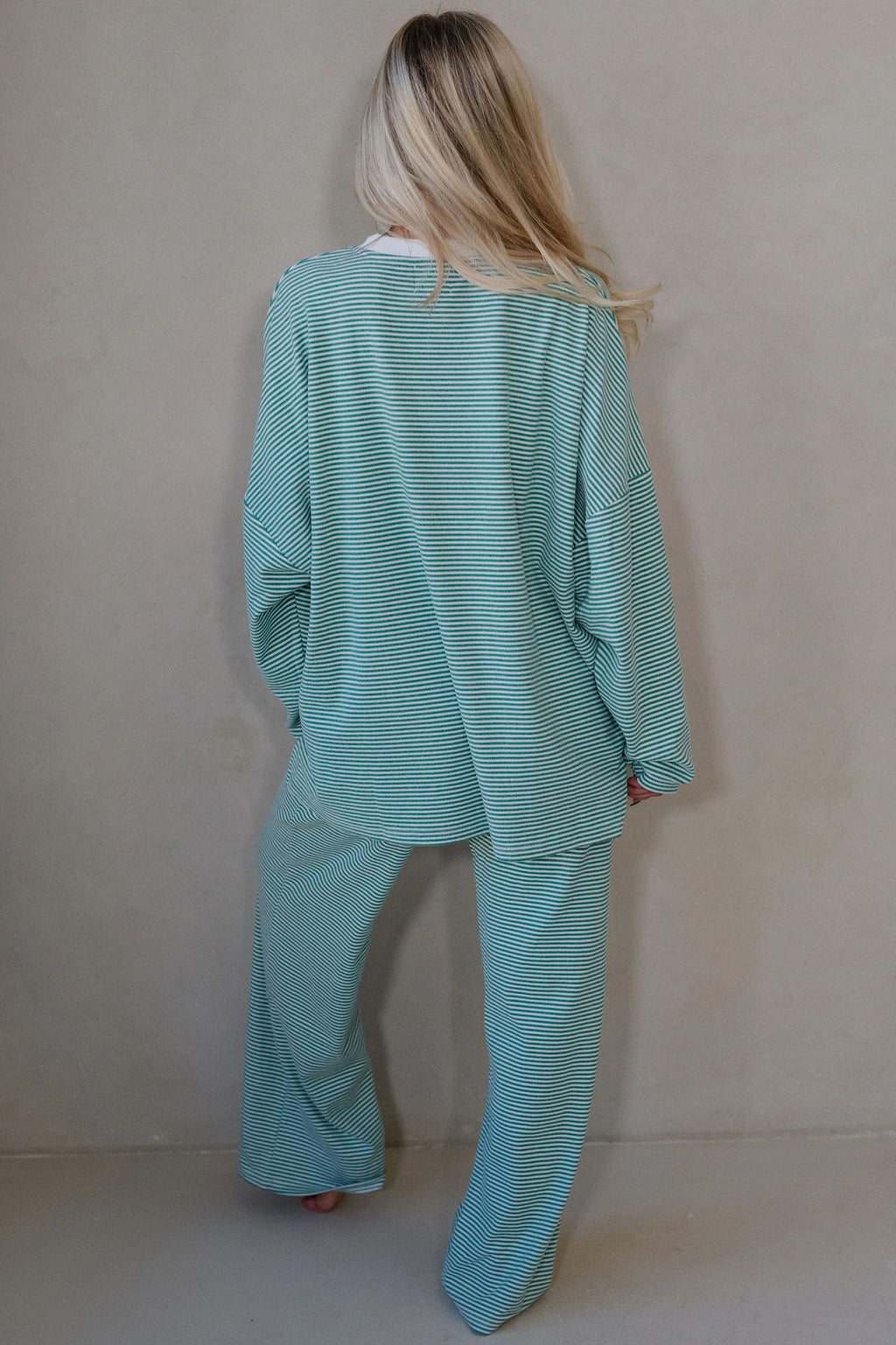 Pink Striped Drop Shoulder Long Sleeve Top and Pant Set