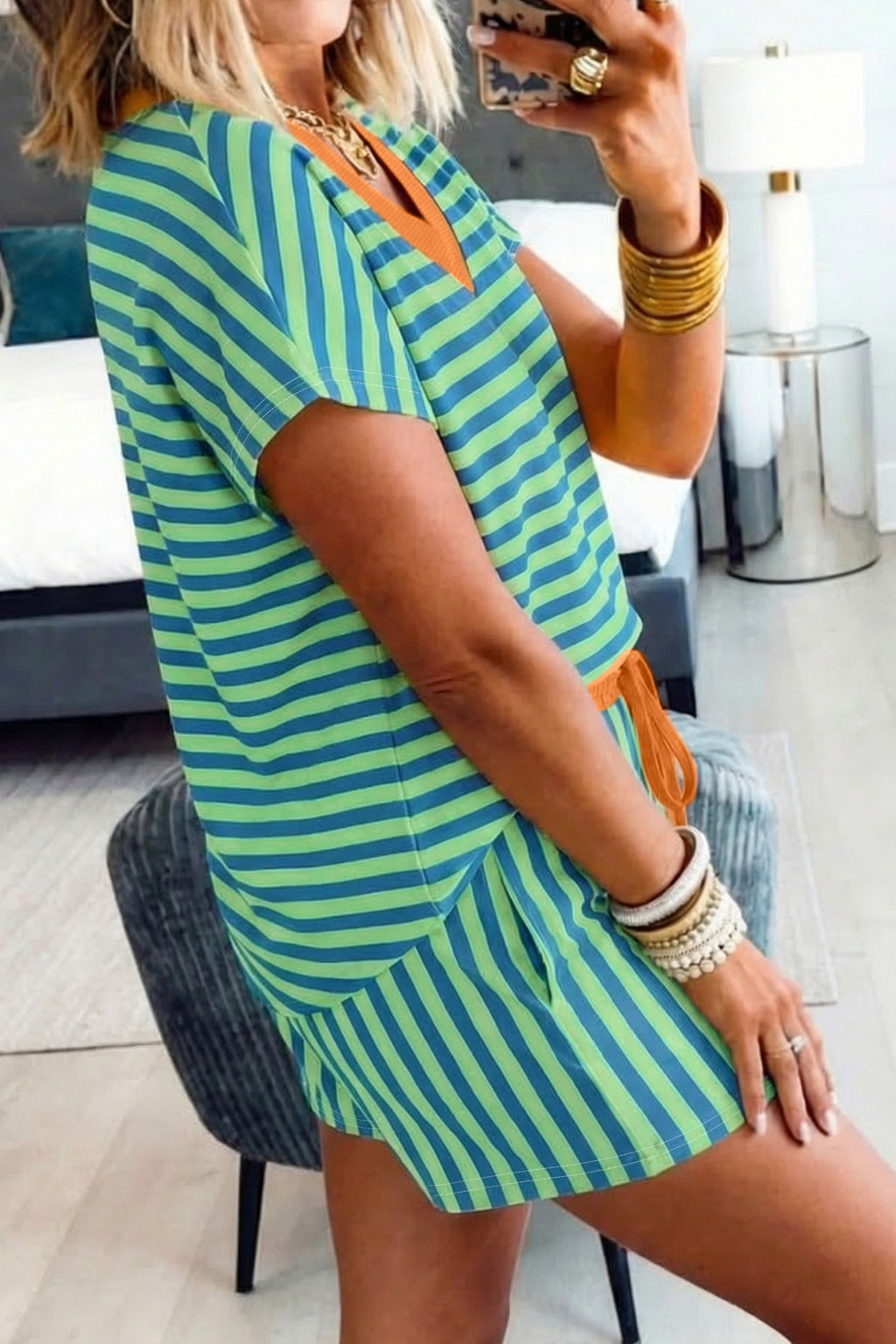 Pink Stripe Colorblock Tee Drawstring Elastic Waist Short Set