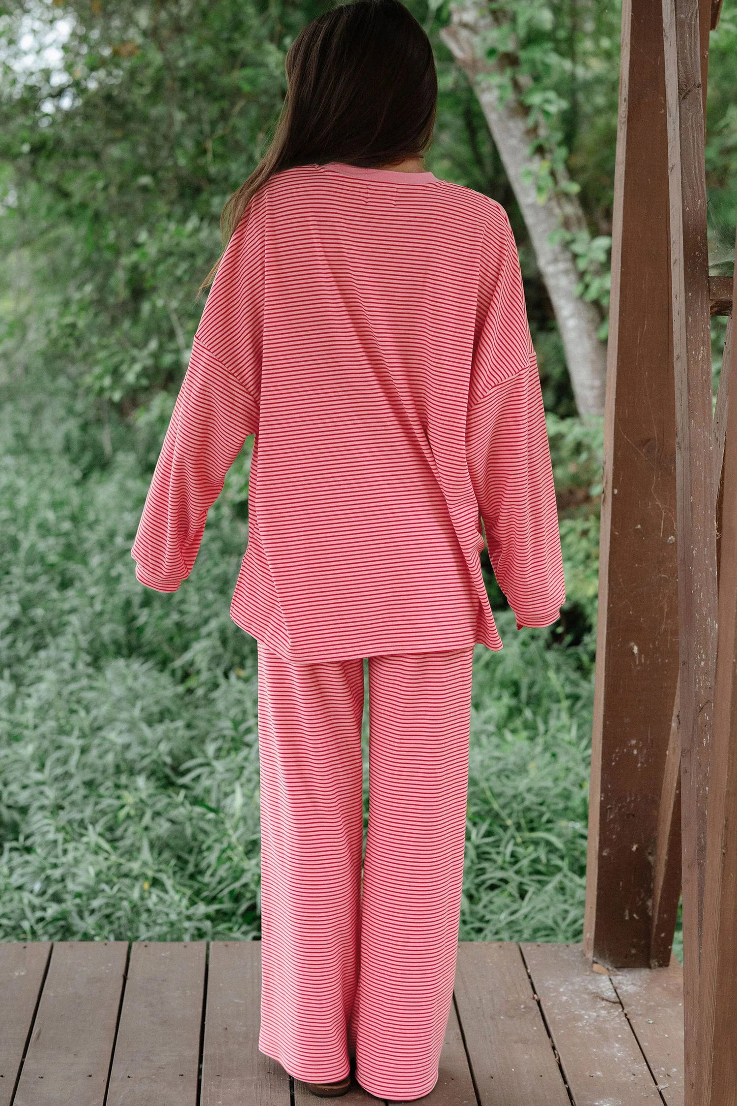 Pink Striped Drop Shoulder Long Sleeve Top and Pant Set