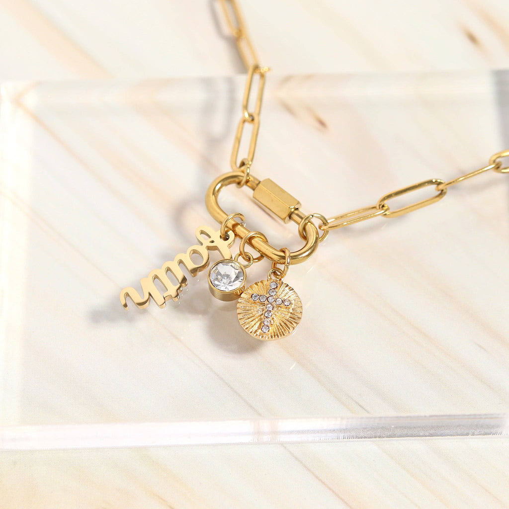 18K PVD Gold Carabiner "Faith" Paperclip Charm Necklace: Gold