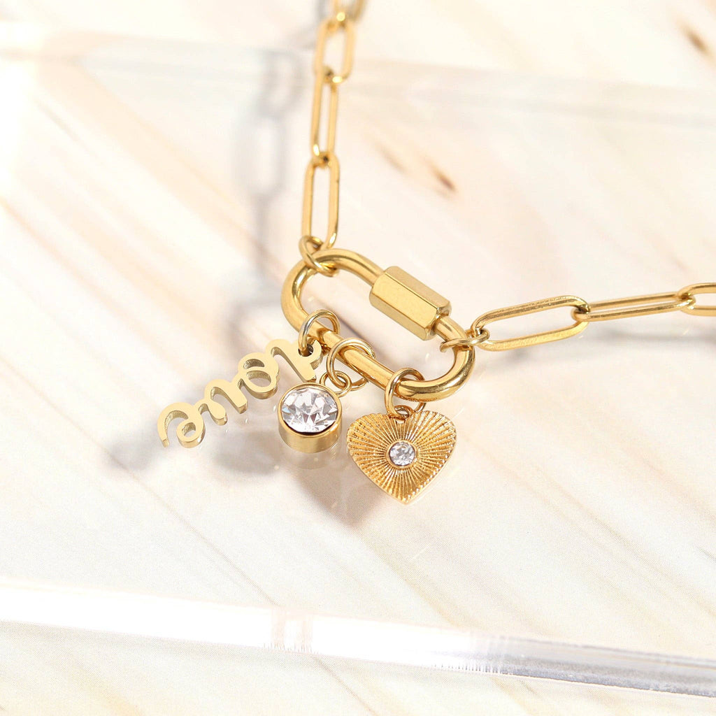 18K PVD Gold Carabiner "Love" Paperclip Charm Necklace: Gold