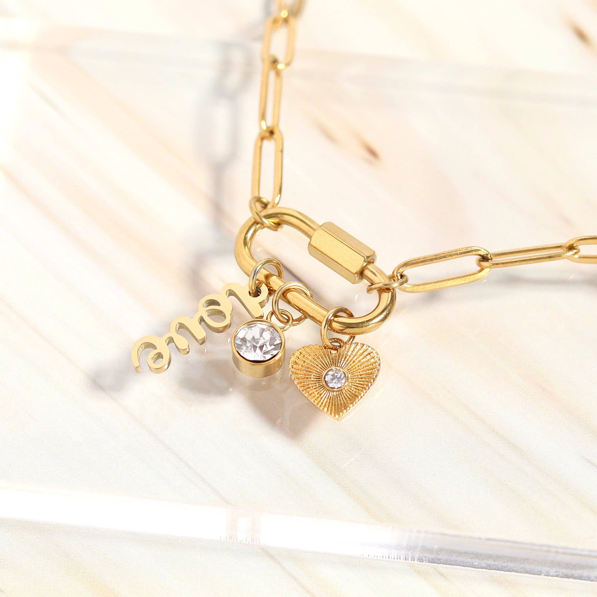 18K PVD Gold Carabiner "Love" Paperclip Charm Necklace: Gold