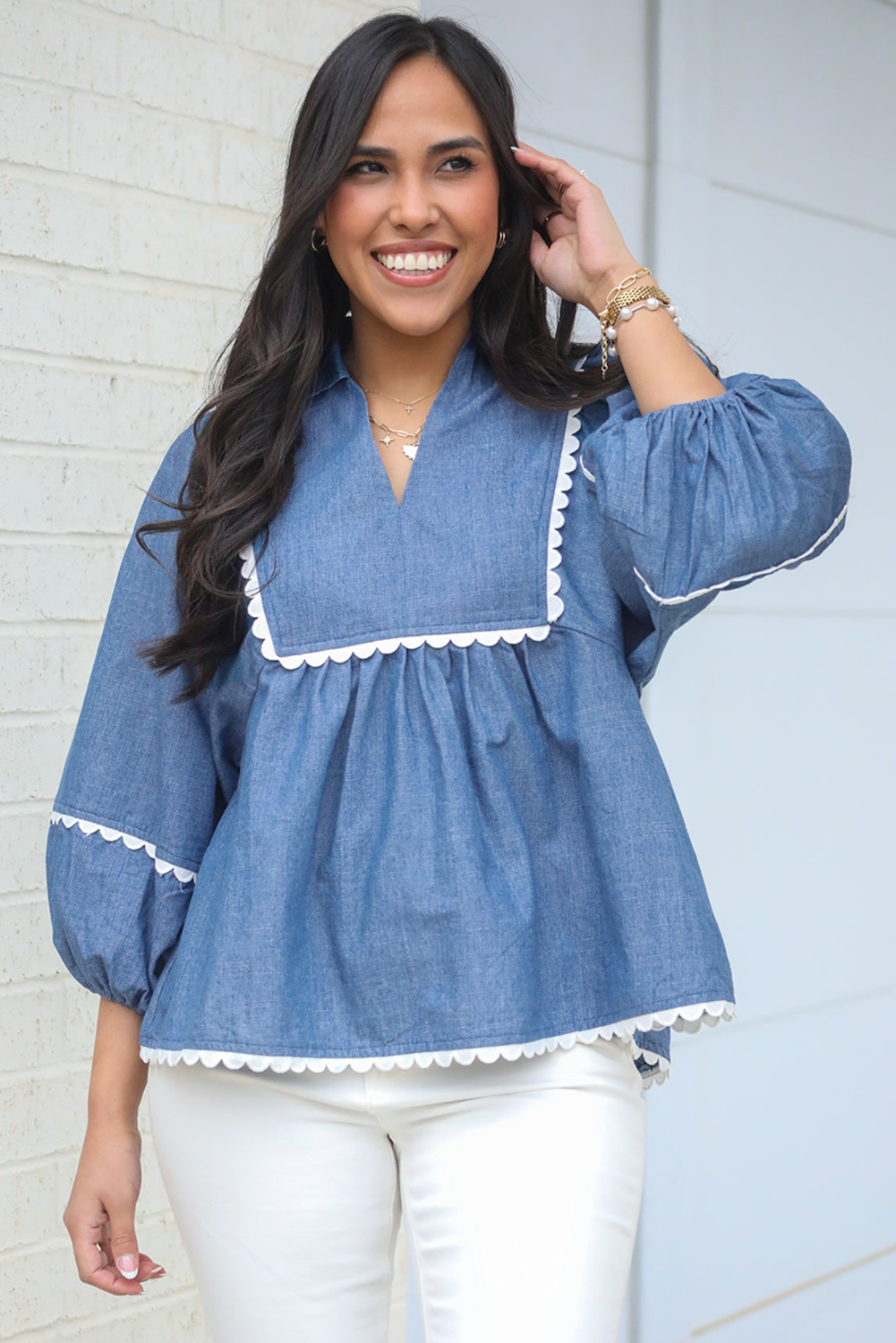 Dusk Blue Scallop Babydoll Blouse