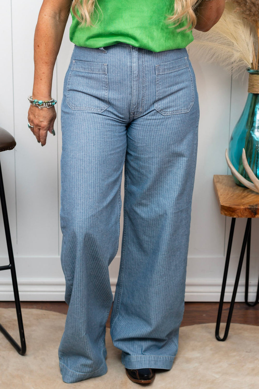 Dusk Blue Patched Pocket Textured Wide Leg Jeans