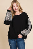ETK-8180 Animal Print Solid Jersey Casual Top: Black/Ivory / Small