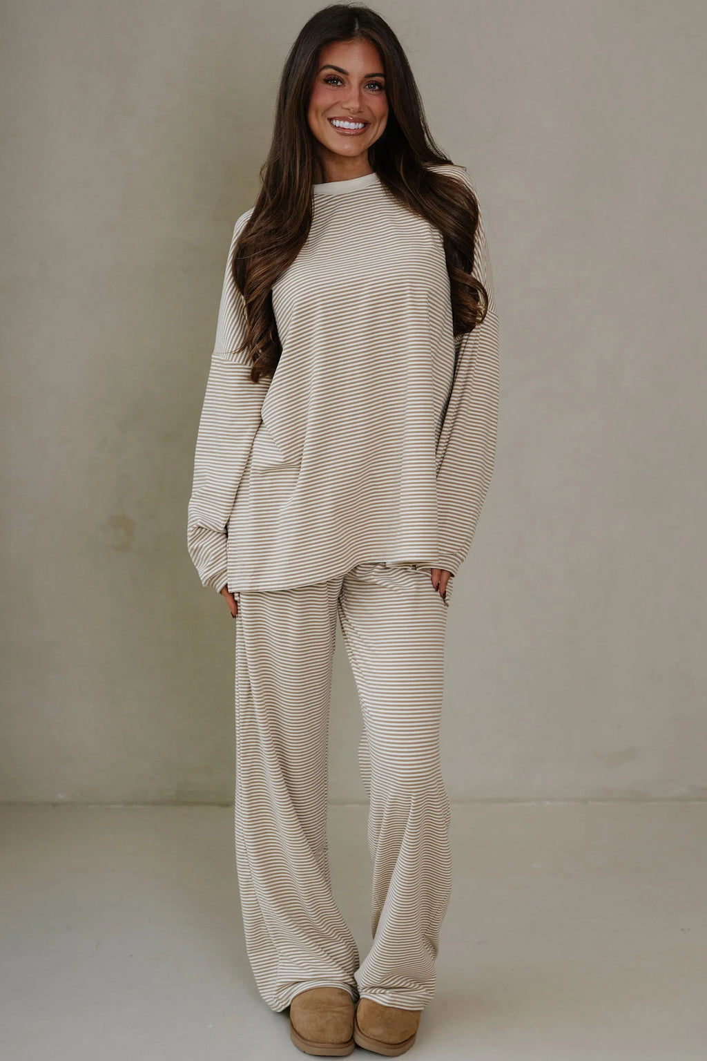 Pink Striped Drop Shoulder Long Sleeve Top and Pant Set