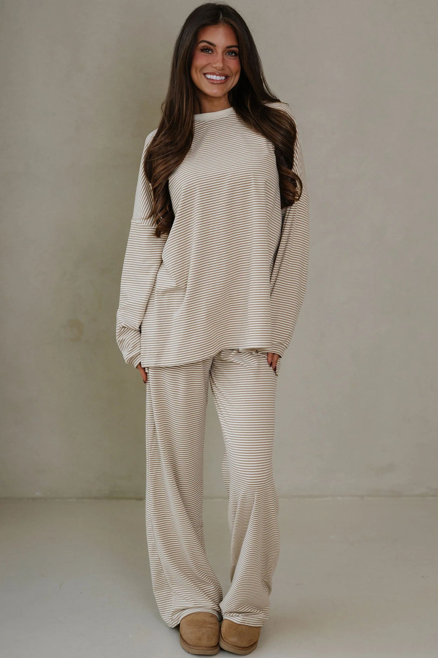 Pink Striped Drop Shoulder Long Sleeve Top and Pant Set