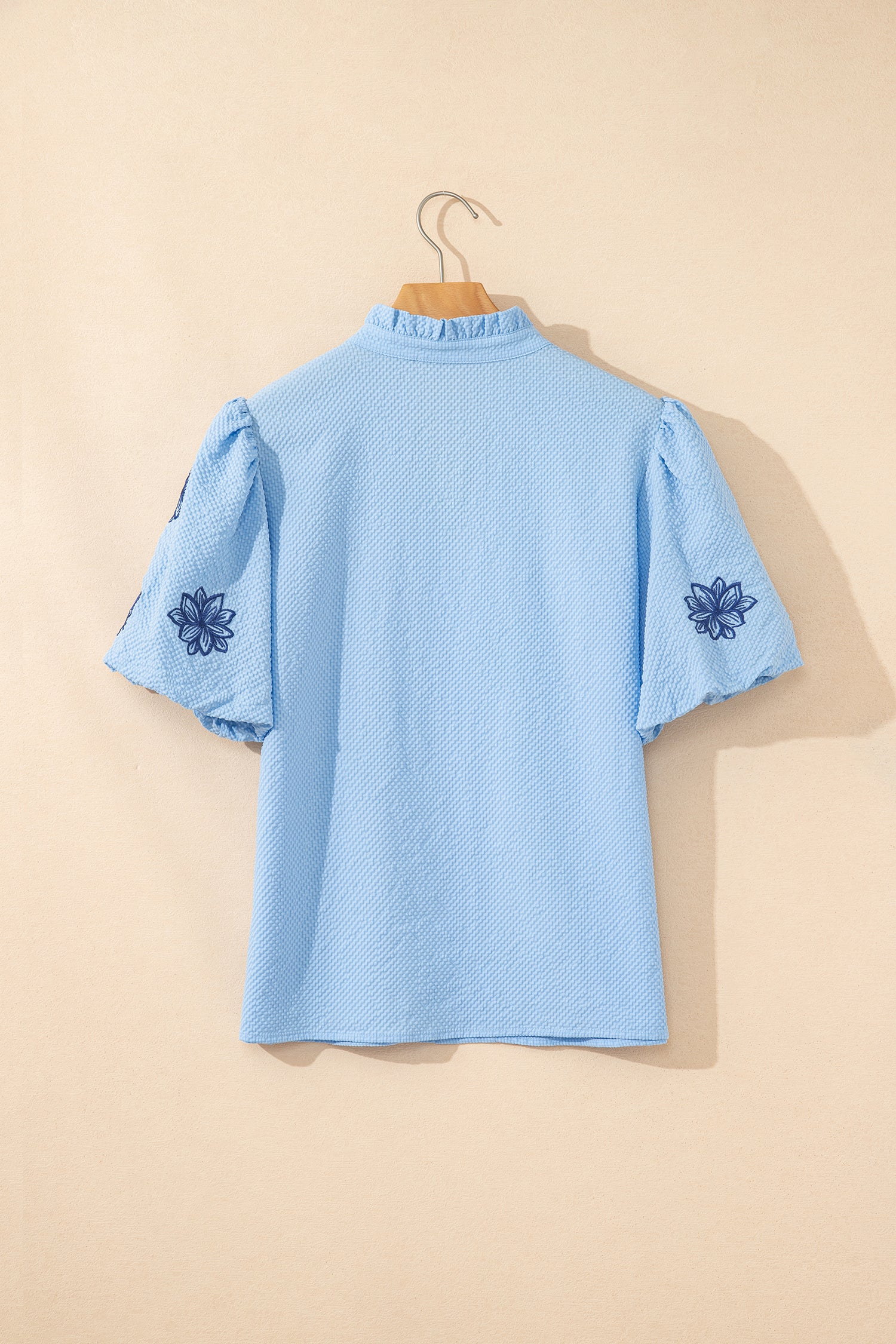 Beau Blue Flower Embroidered Puff Sleeve Blouse