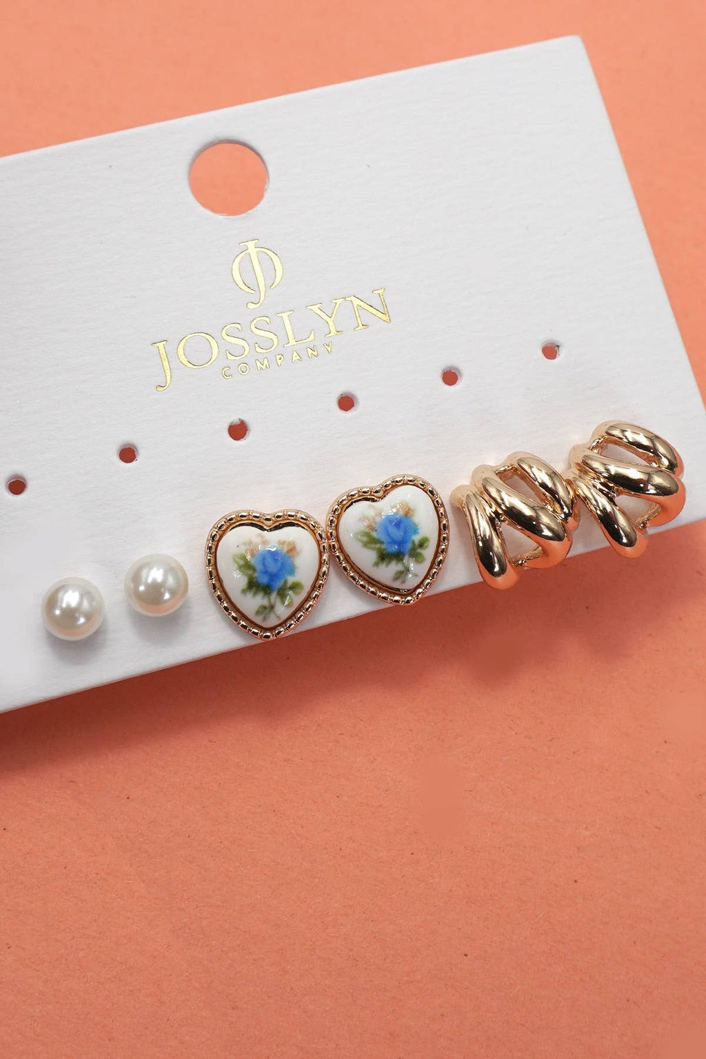 HEART FLORAL PORCELAIN STUD HOOP TRIO EARRINGS | 80E6484: GOLD