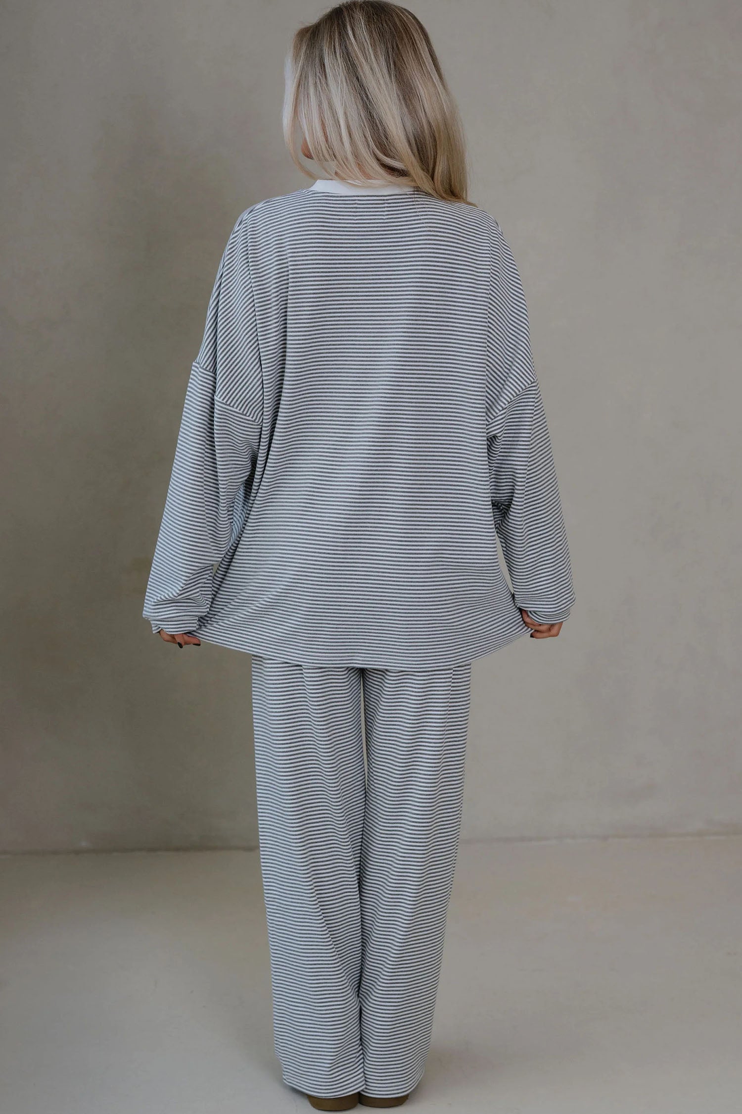 Pink Striped Drop Shoulder Long Sleeve Top and Pant Set
