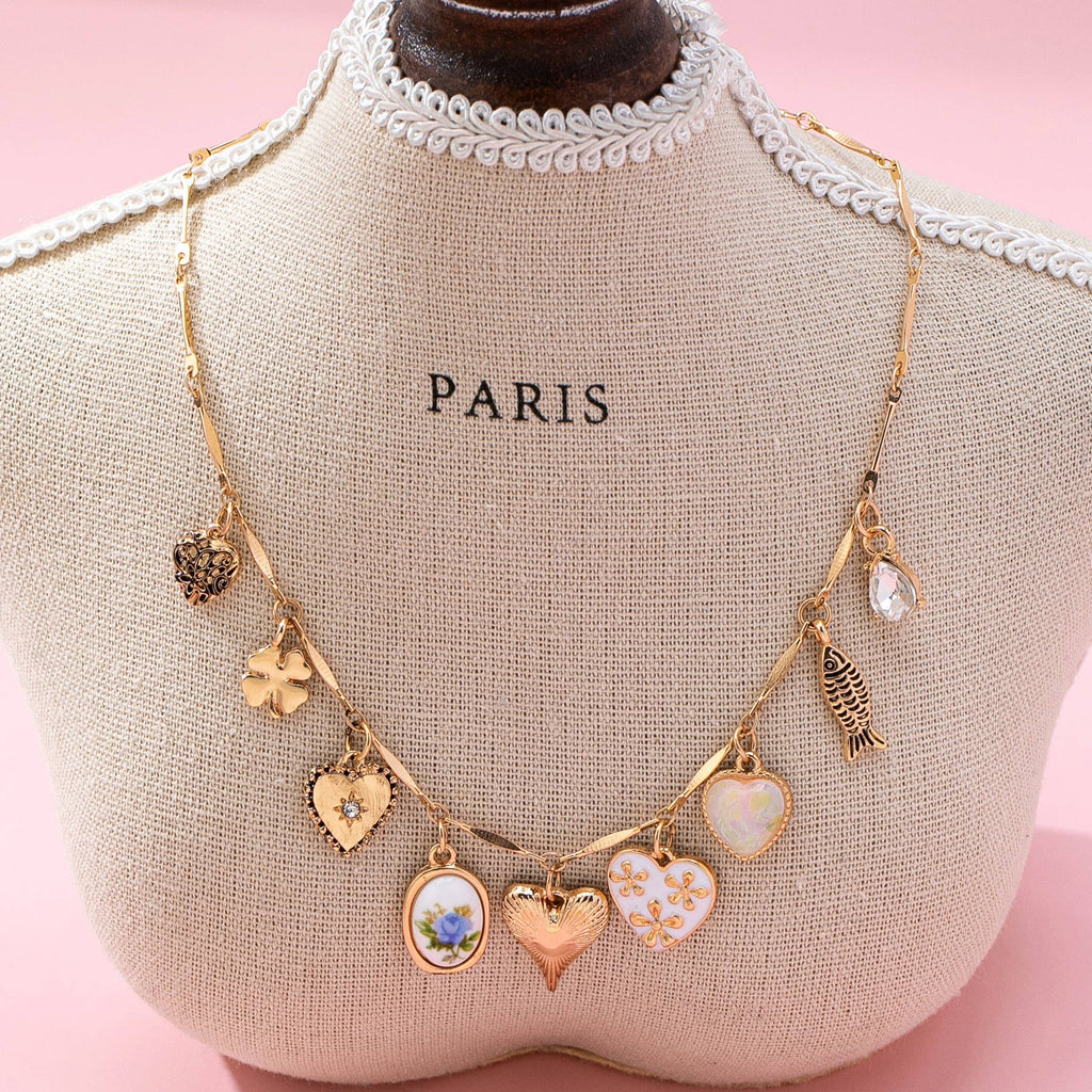 CHARM NECKLACE-HEARTS PORCELAIN FISH RHINESTONE | 80N92690: GOLD