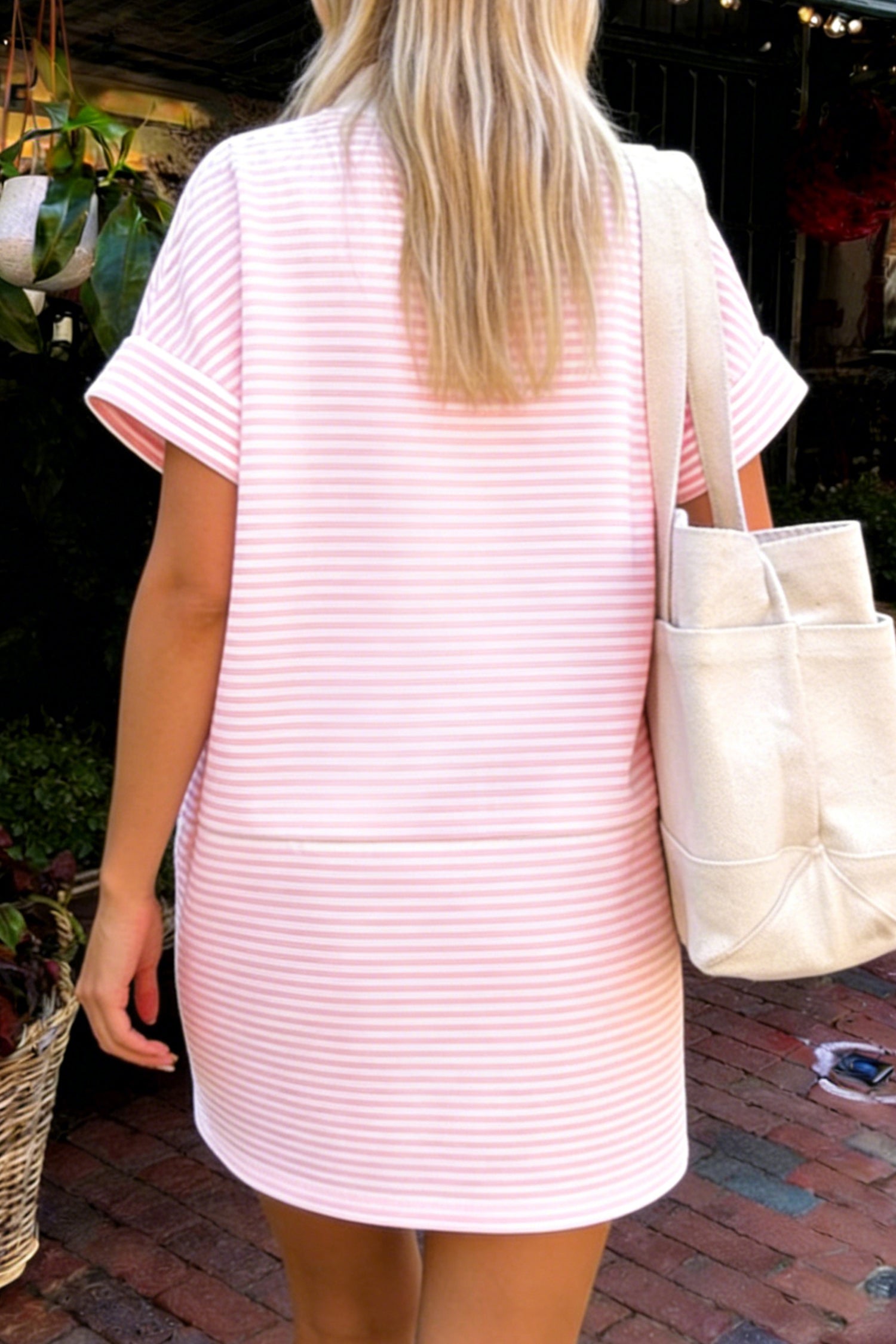 Pink Stripe Patriotic Sequin Flower Mock Neck Dress