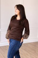 Brown Top with Leopard Puff Sleeve: Brown / Small