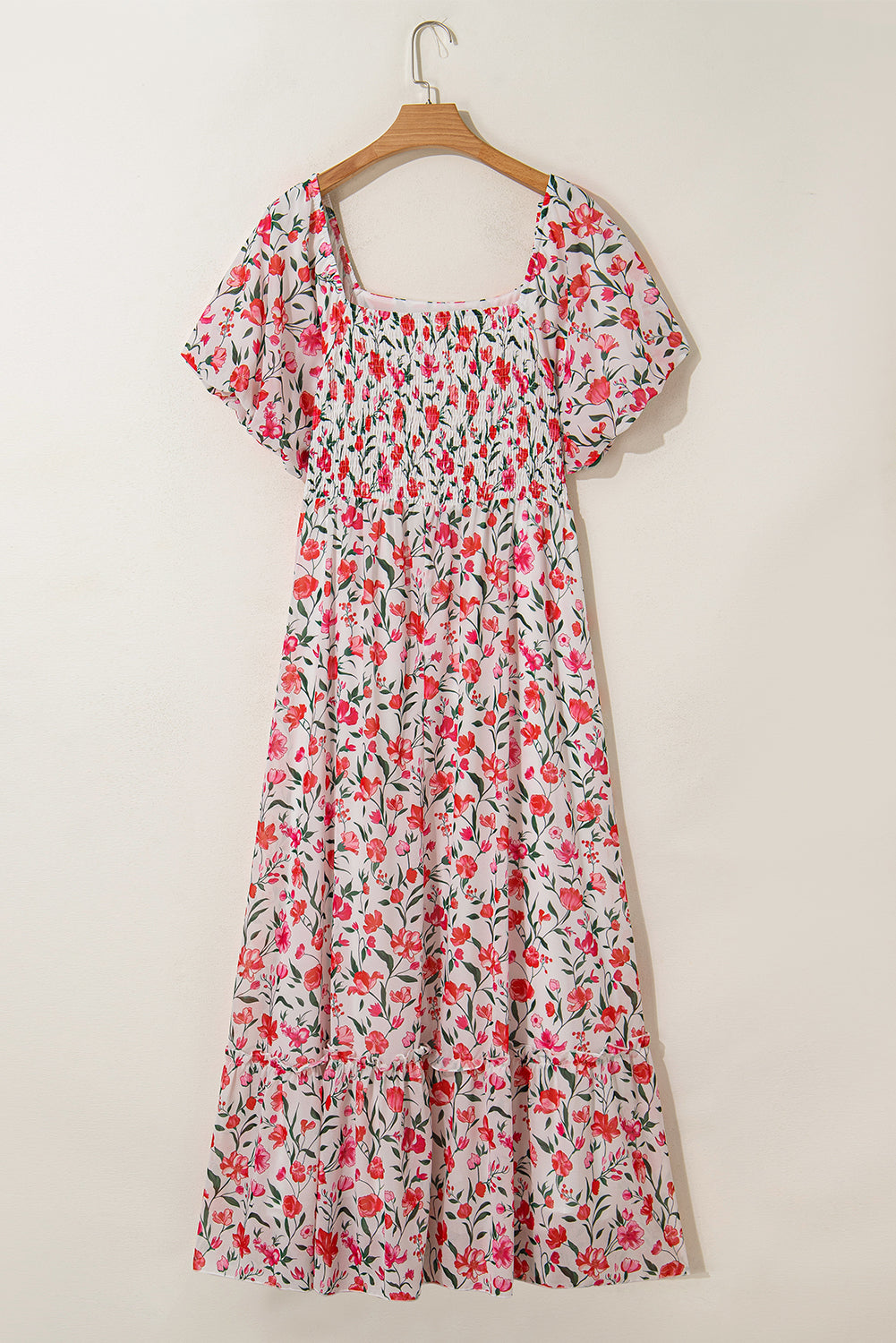 Pink Floral Puff Sleeve Tiered Maxi Dress