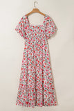 Pink Floral Puff Sleeve Tiered Maxi Dress