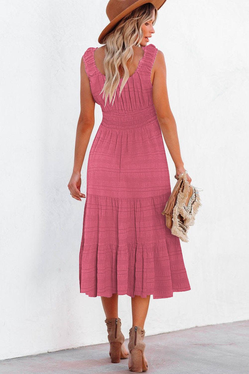 Rose Shirred Pleated Midi Dress