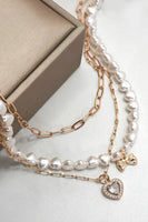 MULTI PEARL LAYER SET BOW HEART PENDANT NECKLACE | 25N942: GOLD