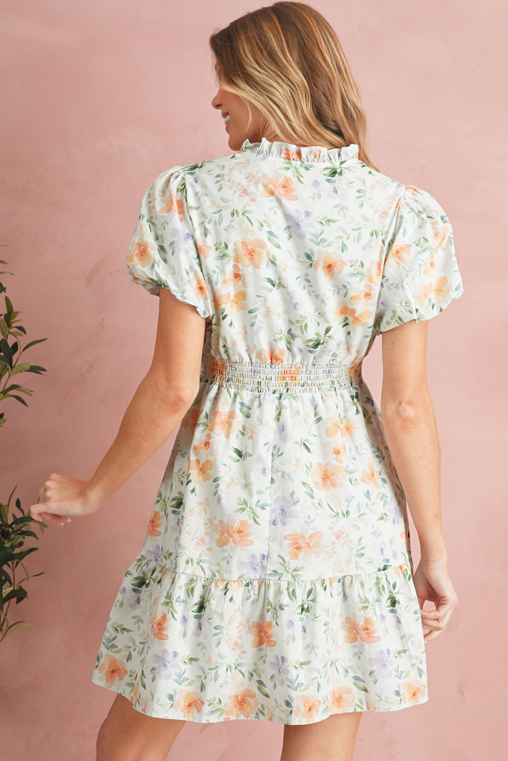 Beige Floral Smocked High Waist Puff Sleeve Mini Dress